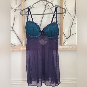 Elegant Lace Nightgown in Teal and Purple - Size Medium